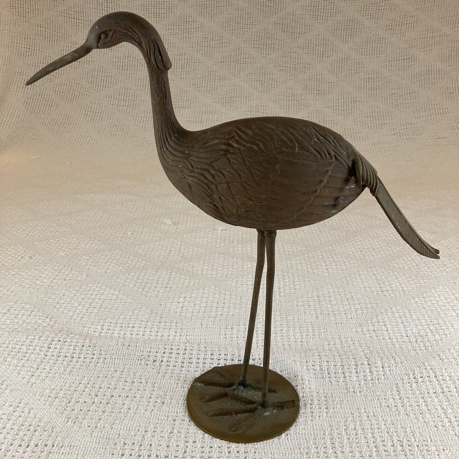 Brass Bird Figurine Vintage Textured Metal Stork Crane Heavyweight Patina 14in 