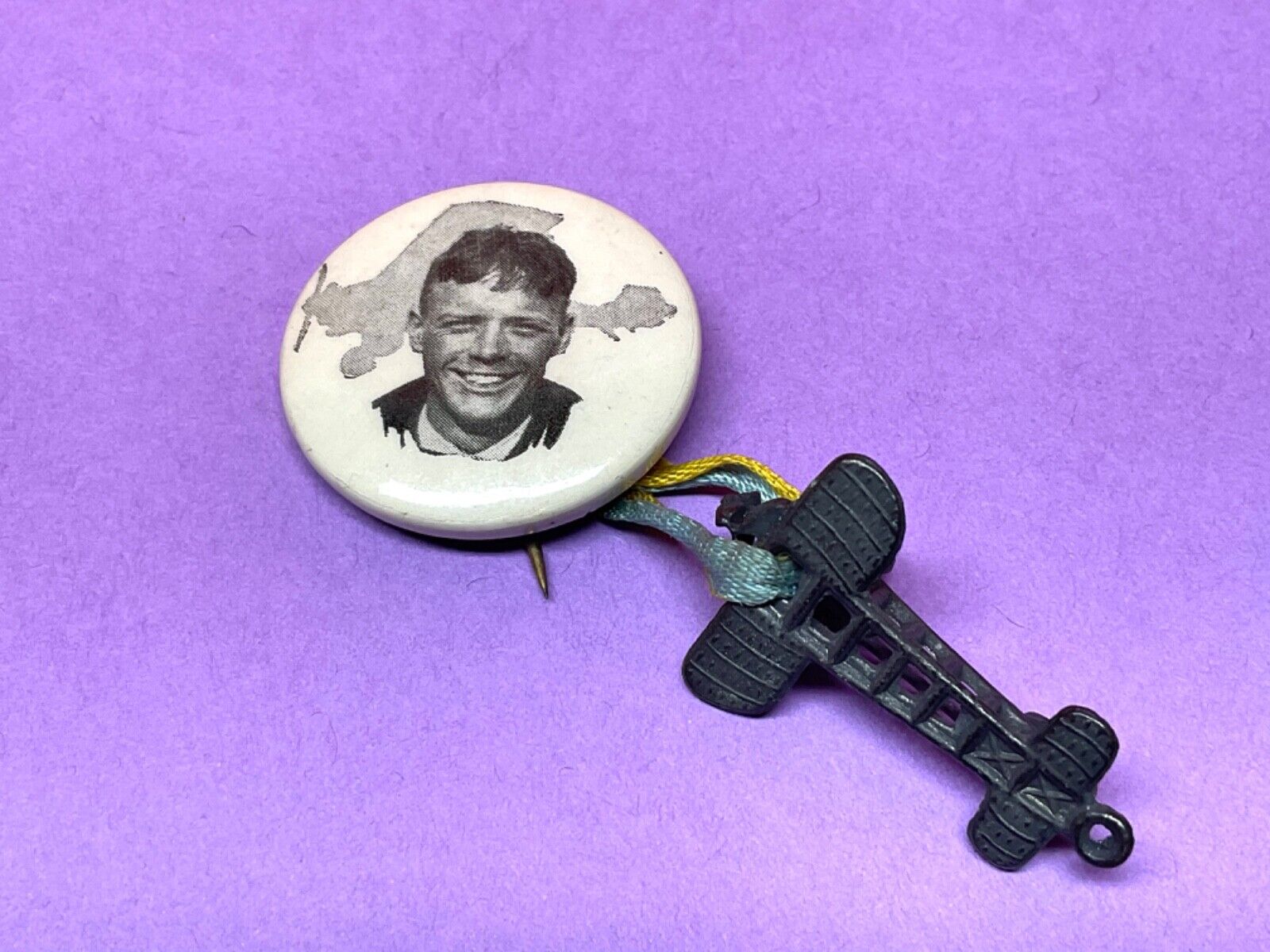 Rare  Unusual Charles Lindbergh Pin Back Button with Airplane Charm Attached