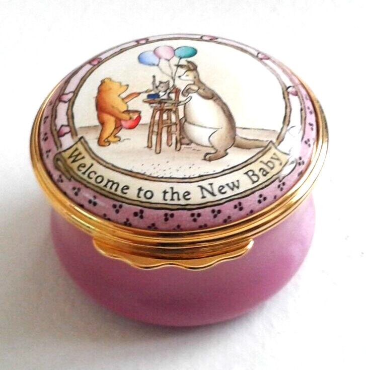 Vintage HALCYON DAYS Enamel Trinket Box Winnie the Pooh  Welcome To The New Baby