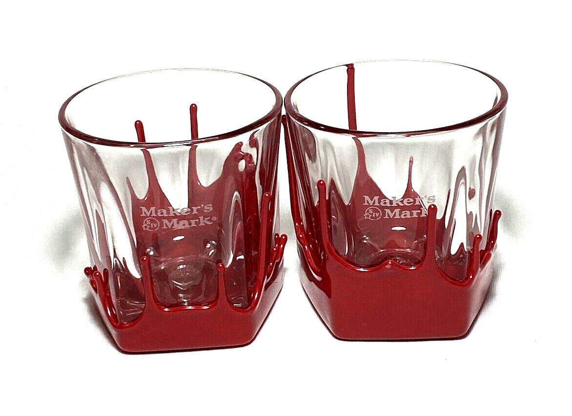 MAKER'S MARK WHISKY ~ Early Pair of Hand Dipped Red Wax BOURBON GLASSES (8 oz.)