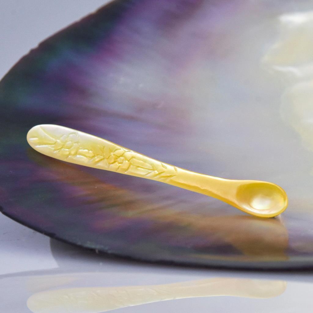 Ornate Salt Spoon Carved Golden Mother-of-Pearl with Flower Relief 0.80 g