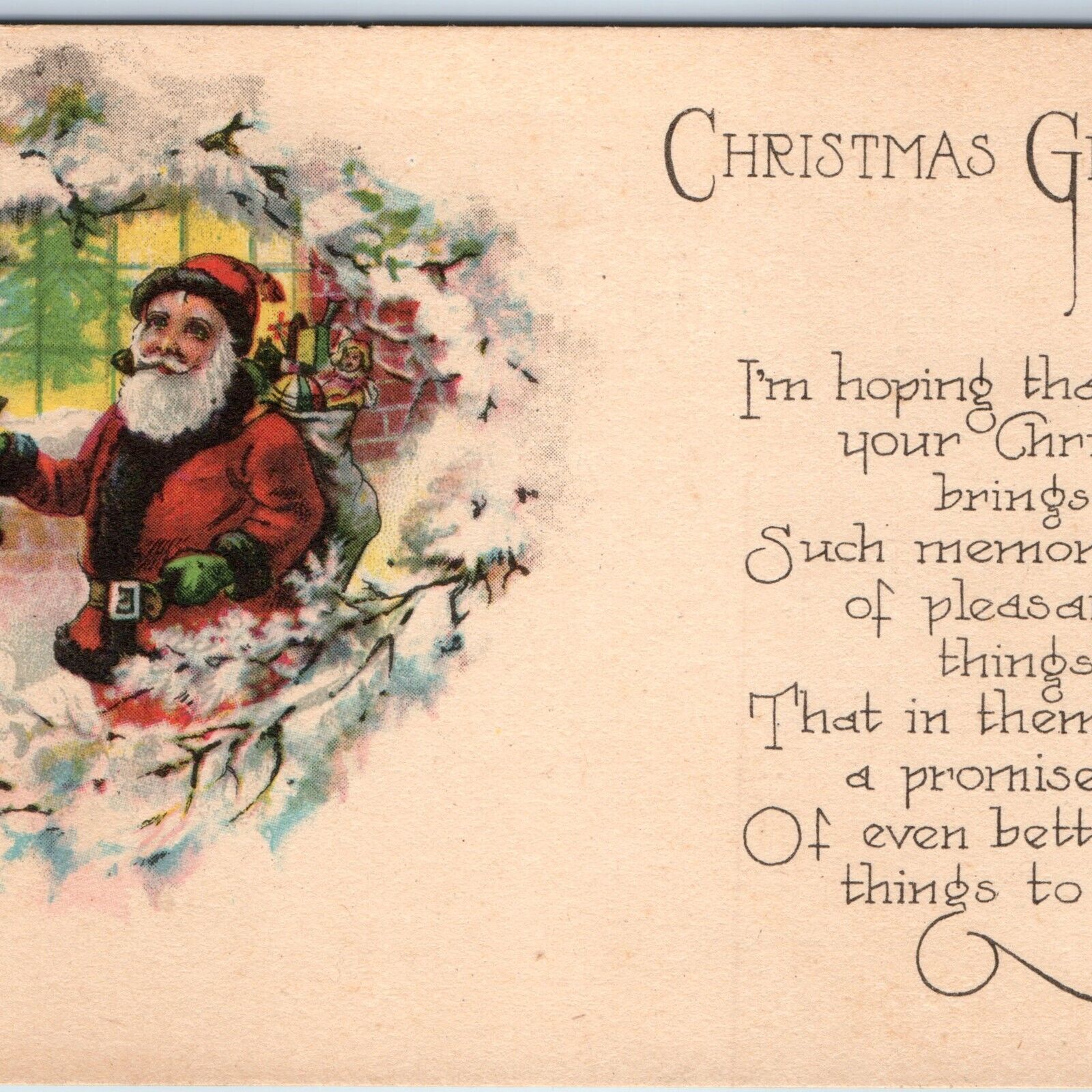 c1920s Christmas Greetings Santa Claus Smokes Pipe Drum Toy Winsch Postcard A244