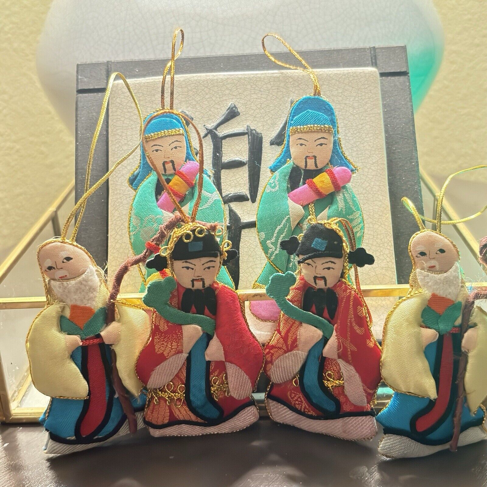 Set Of 6 Vintage Asian Handmade Silk Ornaments 