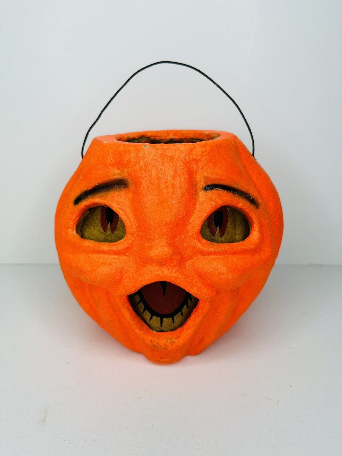Vintage 7.5 Inch Paper Mache Halloween Pulp Jack O Lantern Pumpkin