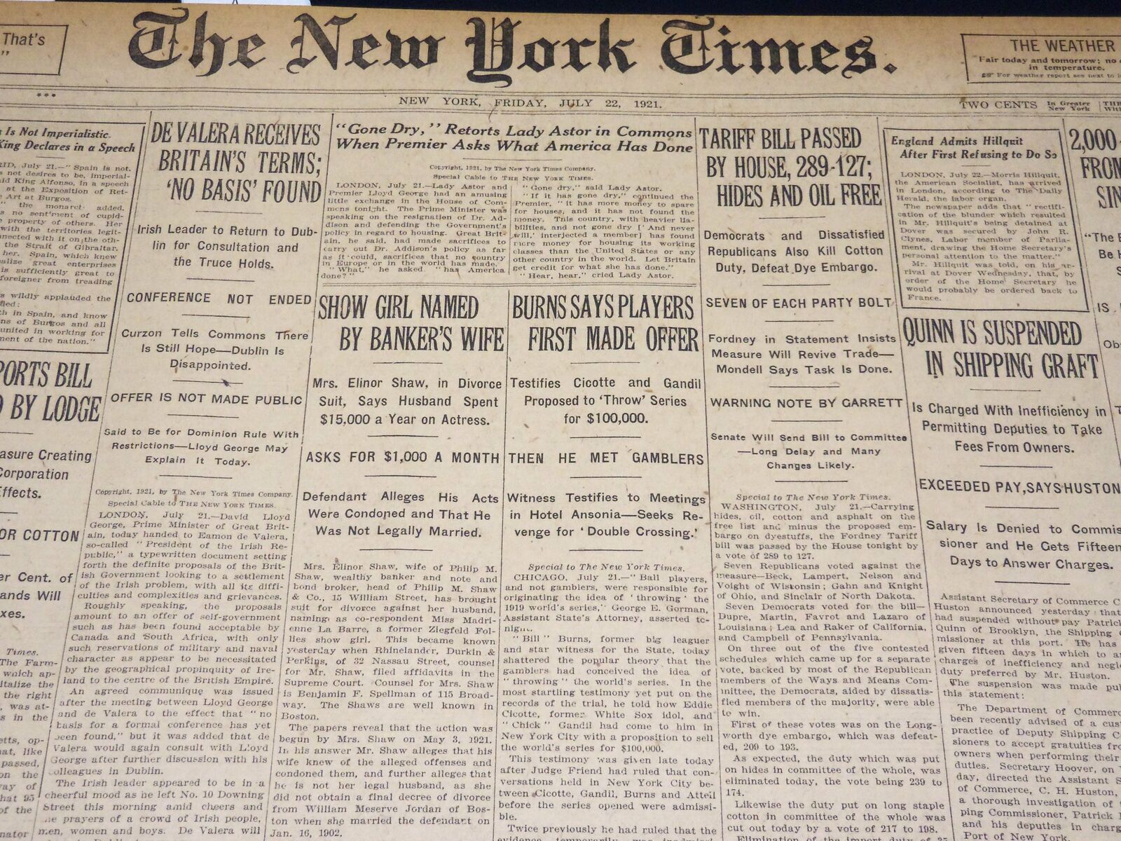 1921 JULY 22 NEW YORK TIMES - BURNS SAYS PLAYERS FIRST MADE OFFER - NT 8713