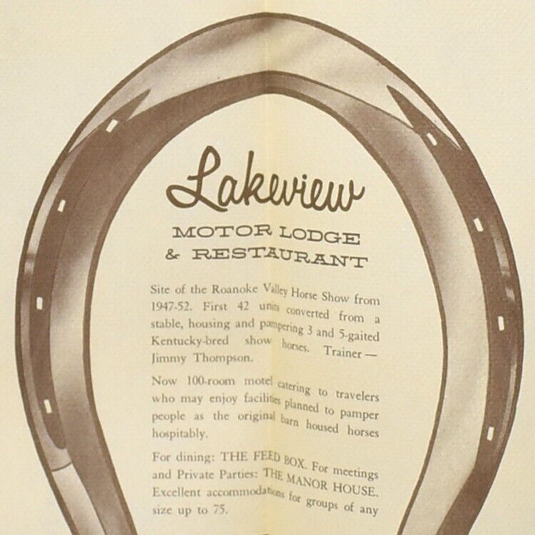1950s Feedbox Restaurant Placemat Lakeview Motor Lodge Hotel Roanoke Virginia