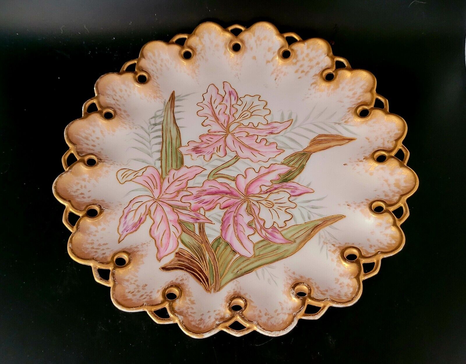 Gorgeous Hand Painted Antique T & V Pierced Reticulated Porcelain Plate Orchids