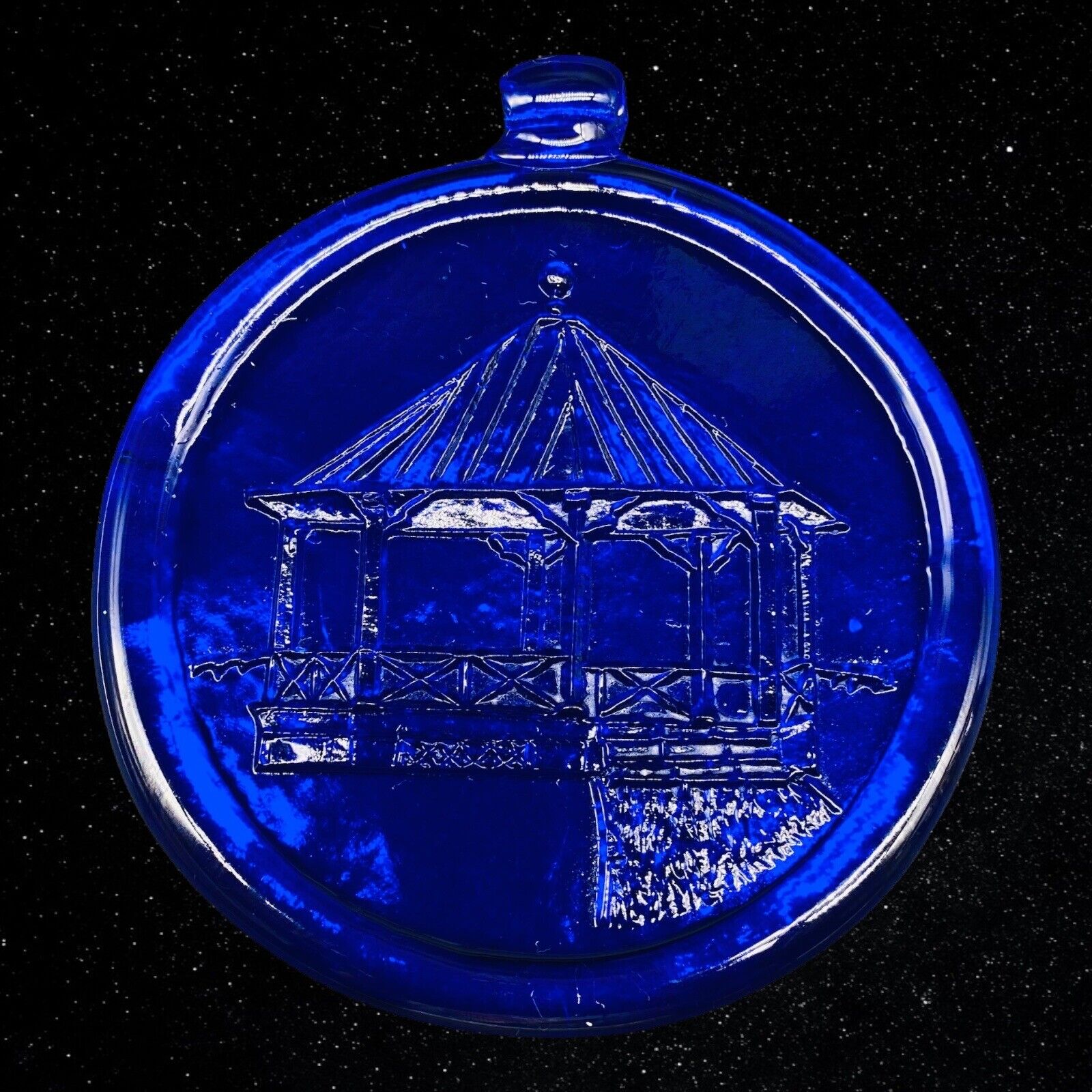 Vintage Art Glass Cobalt Blue Round Sun Catcher Ornament 3.75”D