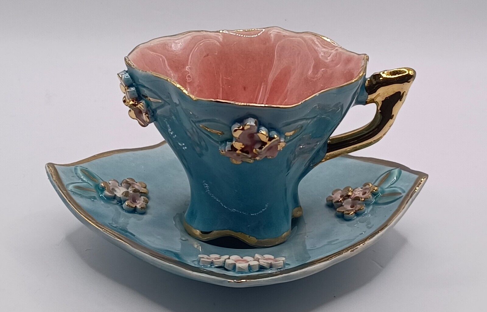 Vintage Dainty Ornate 3 Dimensional Flowers Turquoise Pink Lil\' Cup & Saucer Set