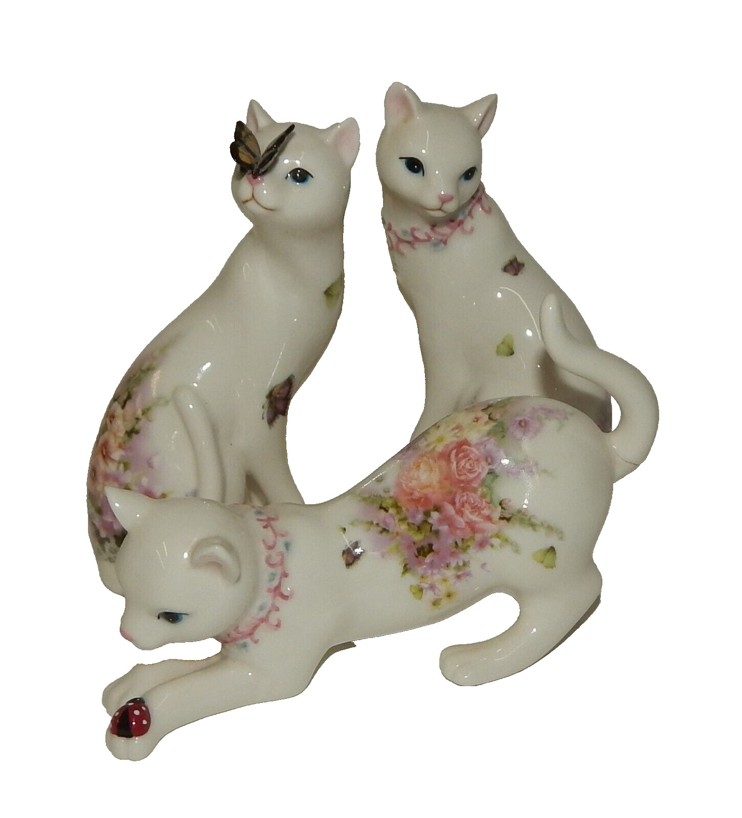 Westland KittyKats Figurines - 3 White Floral Cats with Butterfly & Ladybug