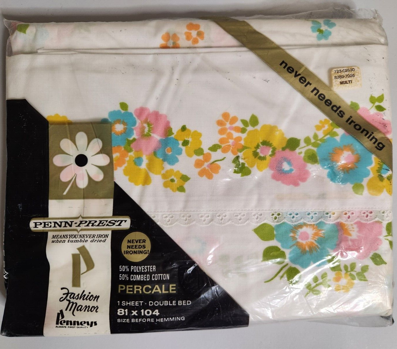 NEW Vintage Fashion Manor Penneys Double Bed Flat Sheet  81”x104” 1970s Floral