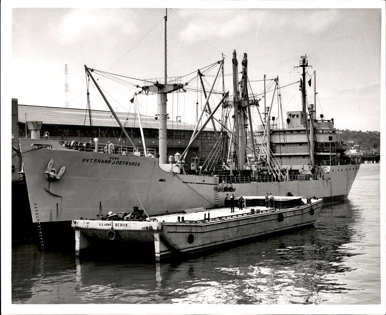 LG20 1957 Original Photo USNS PVT FRANK J PETRARCA NAVY CARGO SHIP & ARMY BARGE
