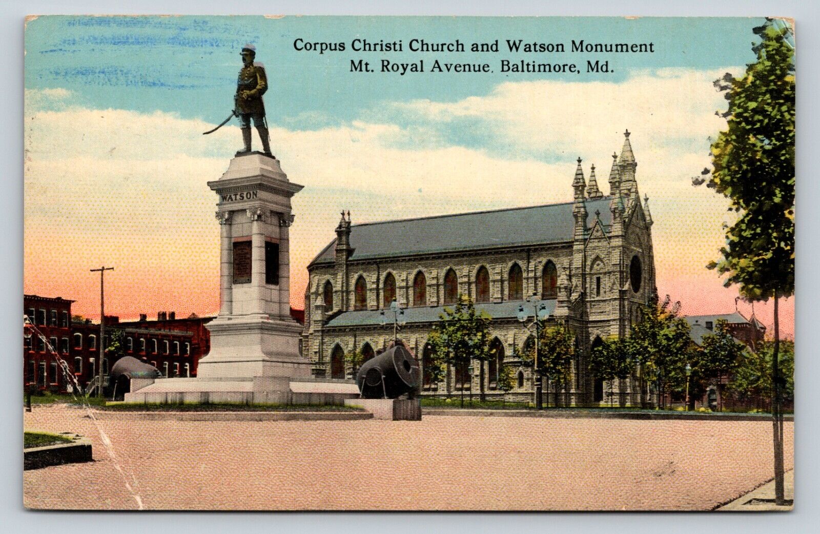 c1917 Baltimore Maryland - Corpus Christi Church & Watson Monument - Postcard