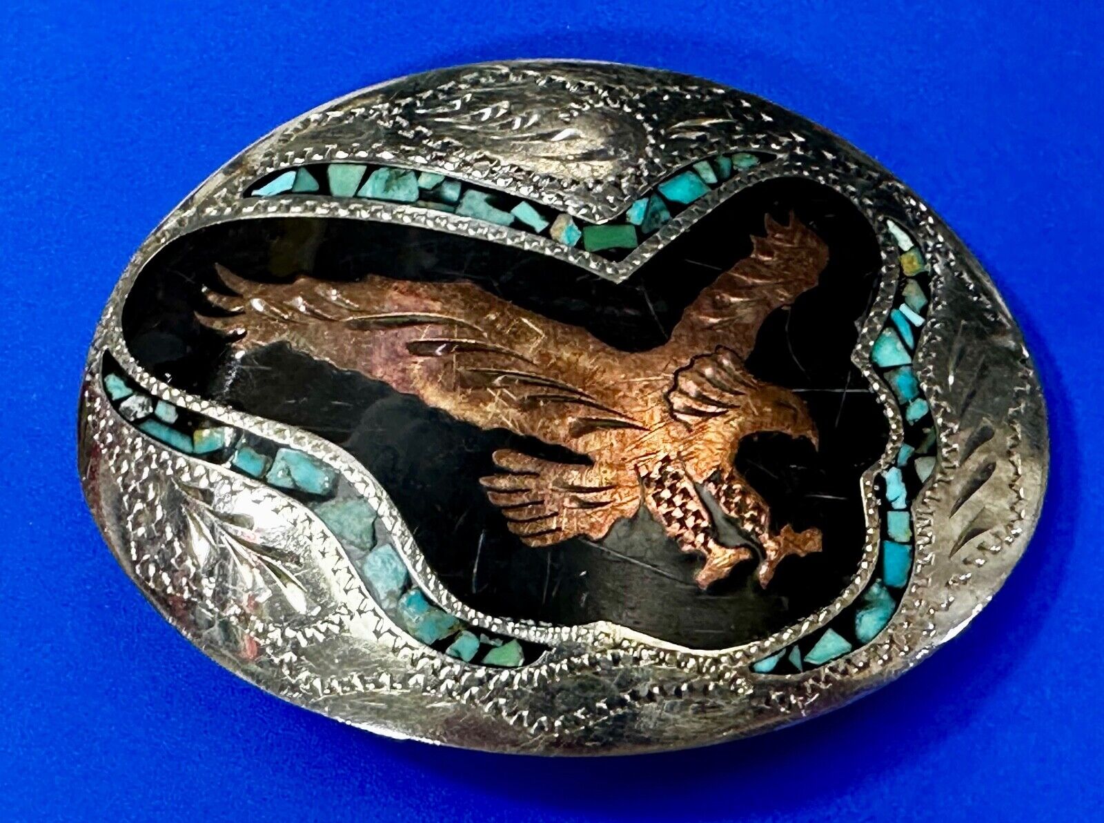 Majestic Eagle Landing W/ Inlaid Turquoise & Enamel Native American Belt Buckle