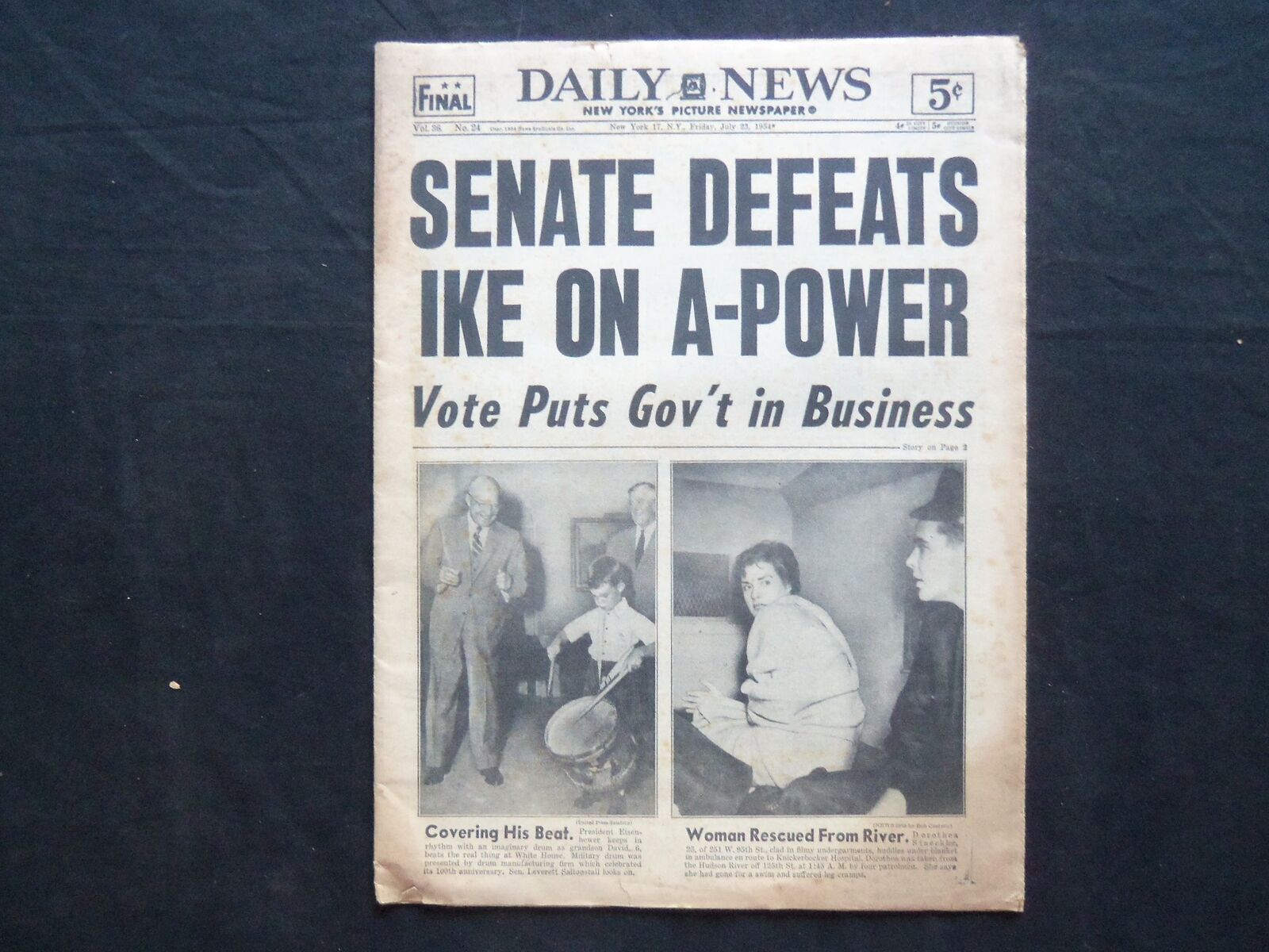 1954 JULY 23 NY DAILY NEWS NEWSPAPER - SENATE DEFEATS IKE ON A-POWER - NP 2507