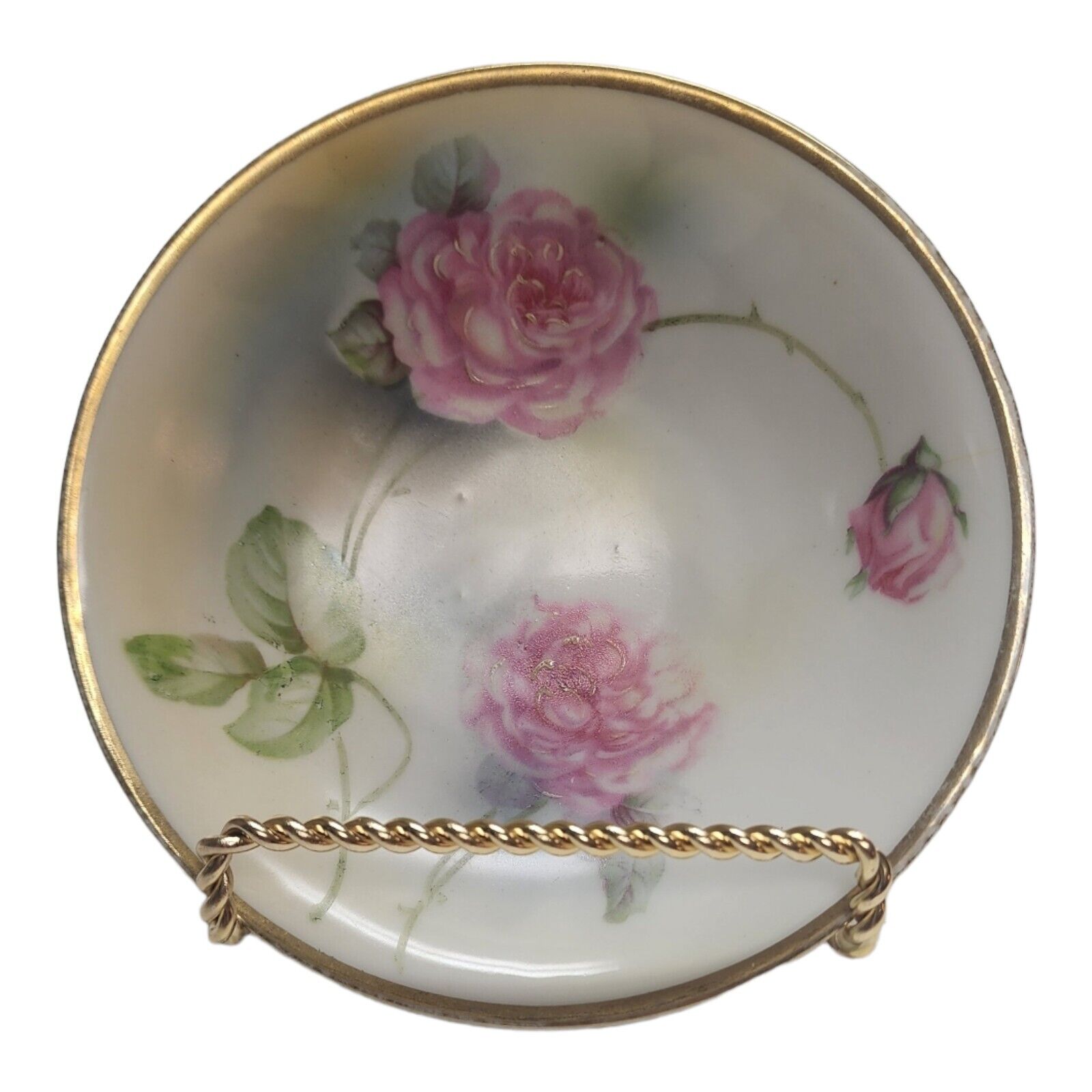 1900s German Prov Saxe ES Erdmann Schlegelmilch Victorian Roses Bowl Gold Gilt