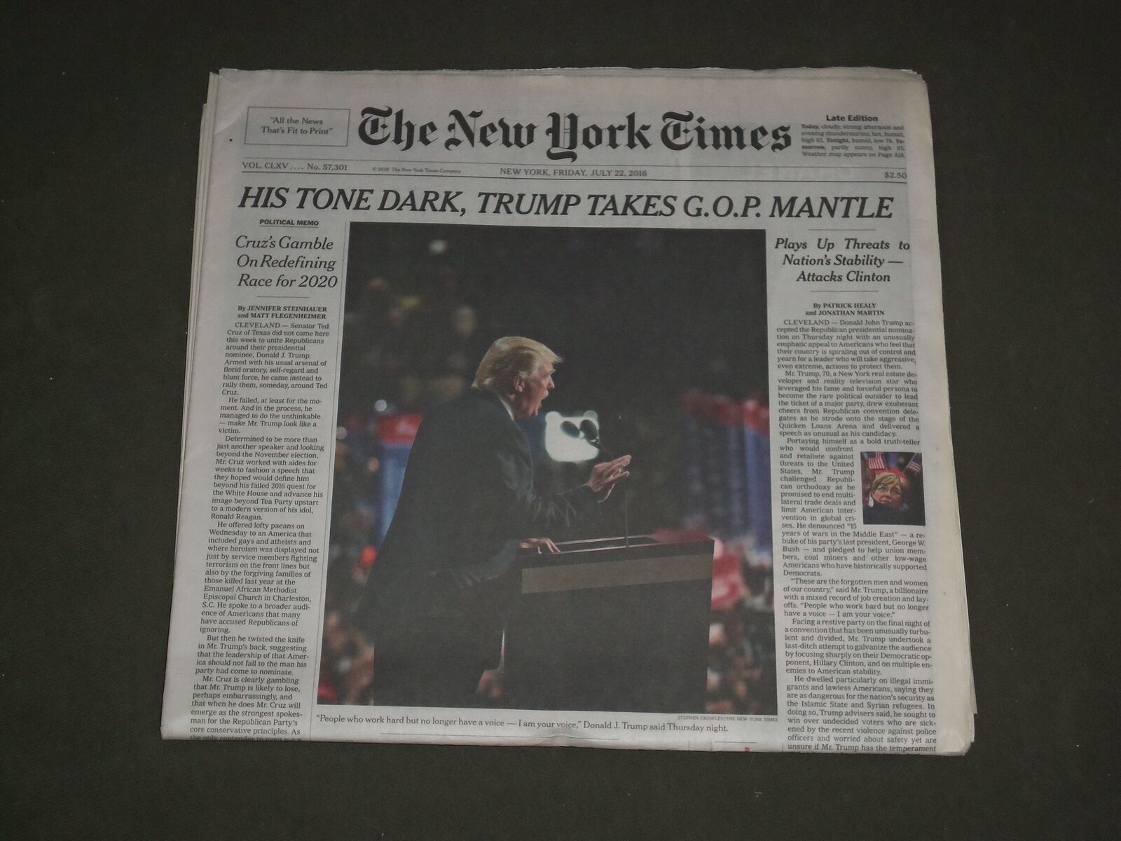 2016 JULY 22 NEW YORK TIMES - HIS TONE DARK, DONALD TRUMP TAKES GOP MANTLE