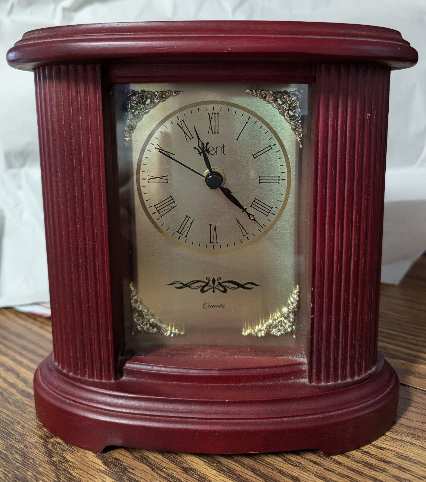 Mantel Wood Kent Clock Gold Face Brown Cherry Wooden Roman Num Vintage