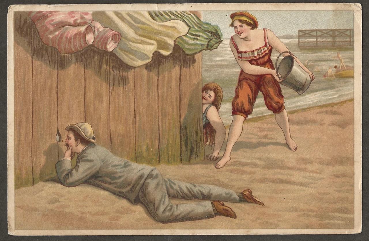 Postcard Bathing Beauty Man Peeking through hole in privacy fence 1916