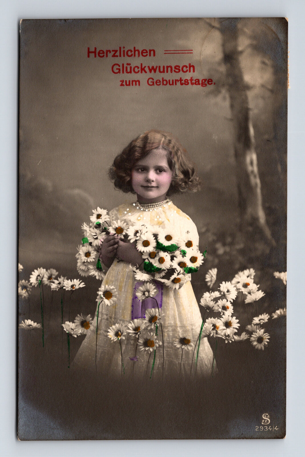 c1911 RPPC Hand Colored German Studio Portrait of Young Girl Birthday Postcard