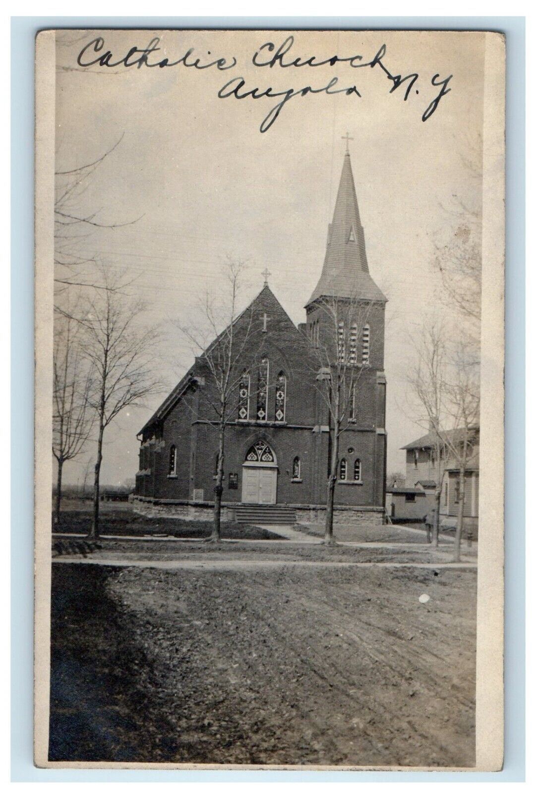 c1910's Catholic Church Scene Street Angola New York NY RPPC Photo Postcard