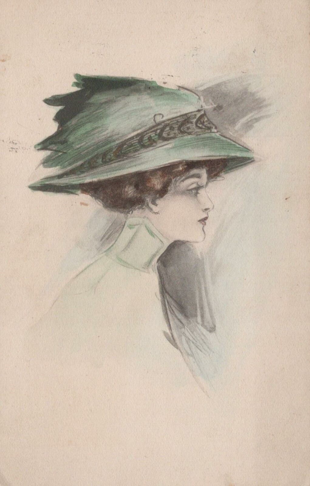 Postcard Fancy Woman Green Hat 1911