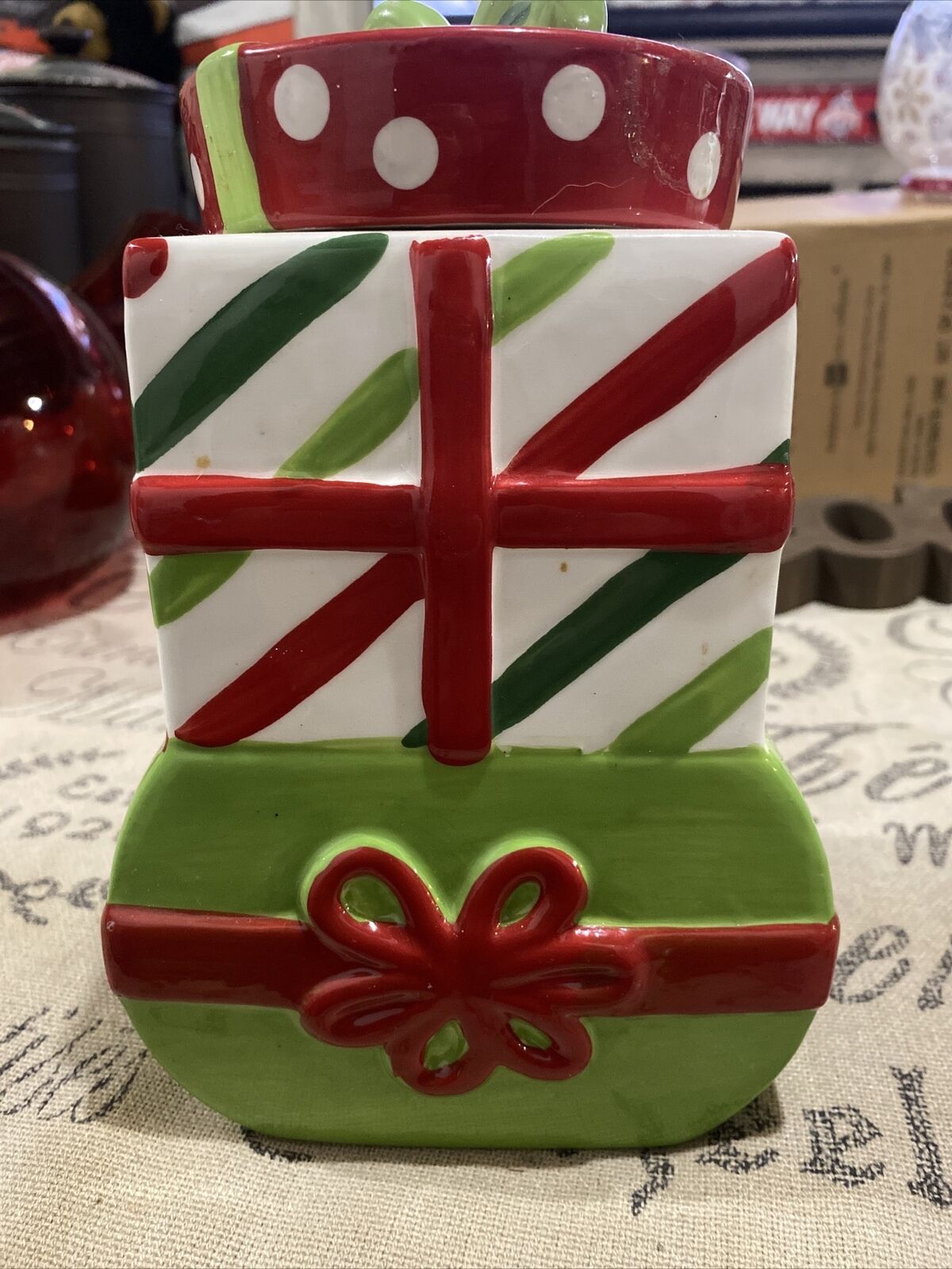 Christmas Gift Cookie Jar Stacked Presents Colorful Kitchen Canister