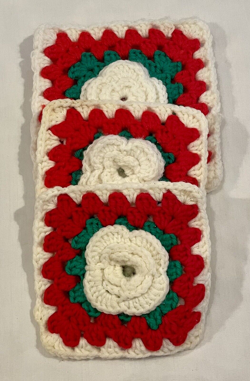 Lot of 3 Vintage Knit Crocheted Pot Holders  Hot Pad Homemade Christmas