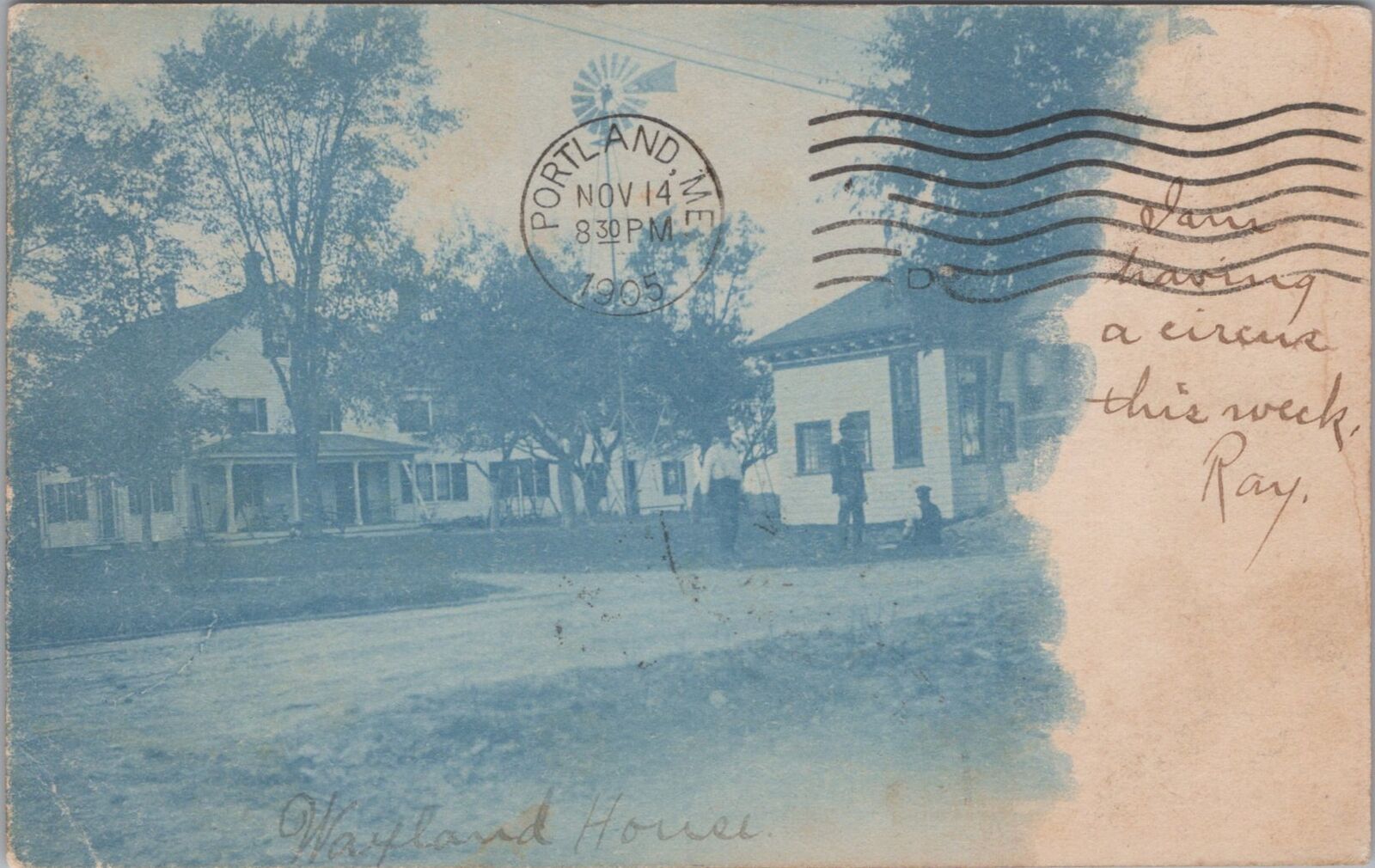 West Scarboro Maine Wayland House Wind Mill 1905 Cyanotype RPPC Postcard