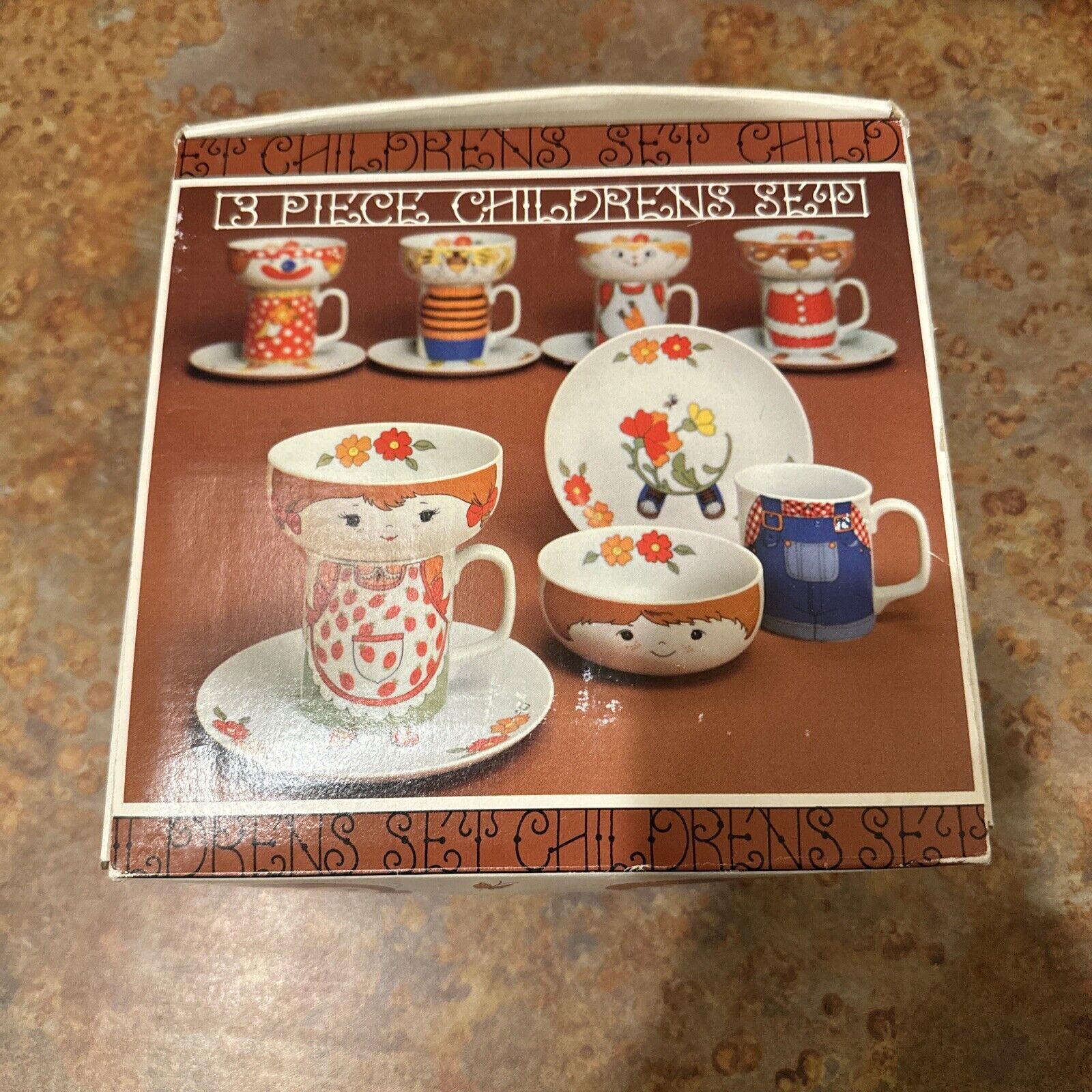Vintage Interpur 3 Piece Stackable Children\'s Dish Set Boy Mug Plate Bowl NIB