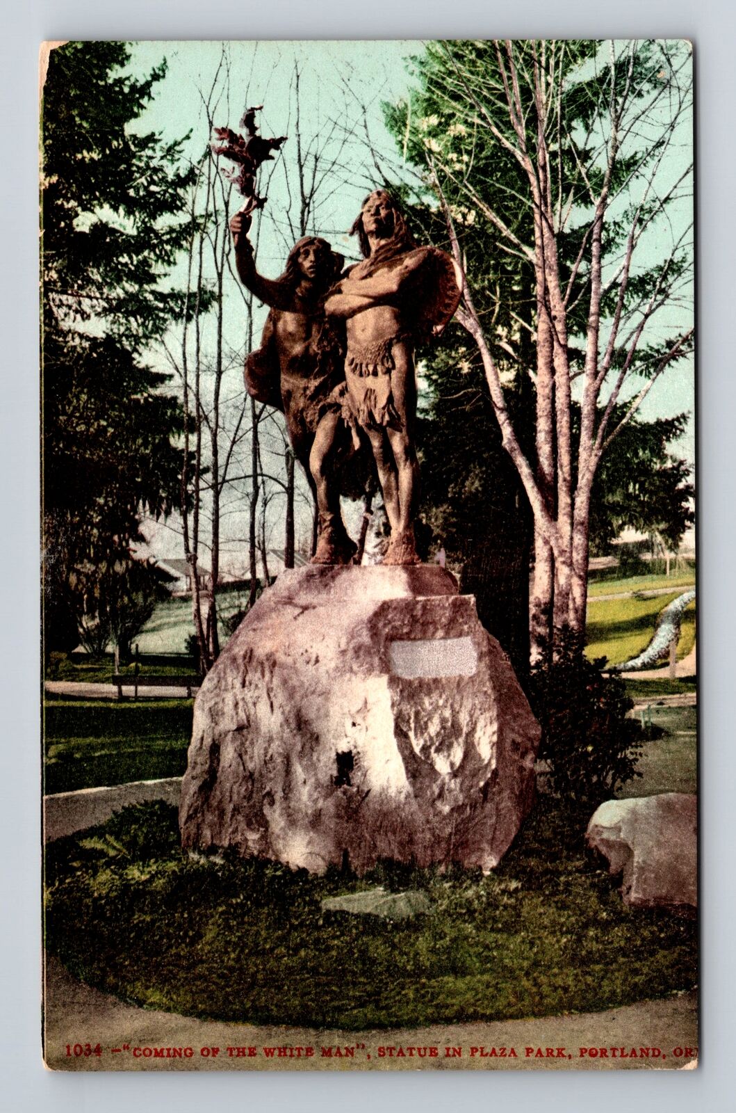 Portland OR-Oregon, Coming of White Man, Statue in Plaza Park Vintage Postcard