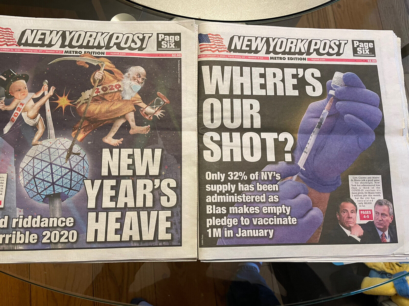 TWO HISTORIC NY POST EDITIONS NEW YEARS EVE AND NEW YEARS DAY 2020-2021