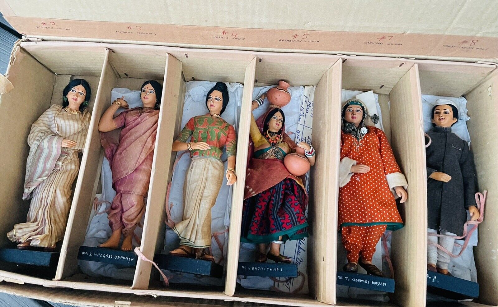Vintage Indian Handmade 9.5” Dolls Set Of 6 RARE Lifelike Wooden  Base Collector