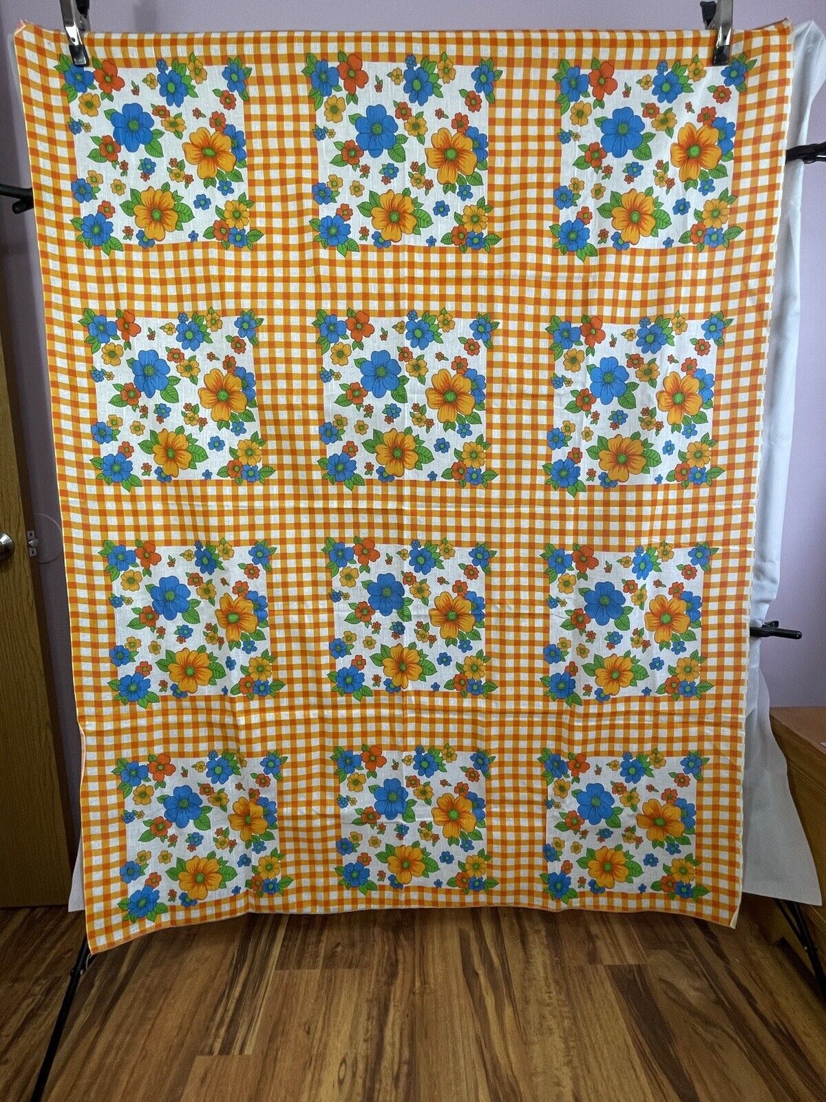 Vintage Groovy Tablecloth 70x56” + 12 Matching Napkins 16”  1960s Orange NOS