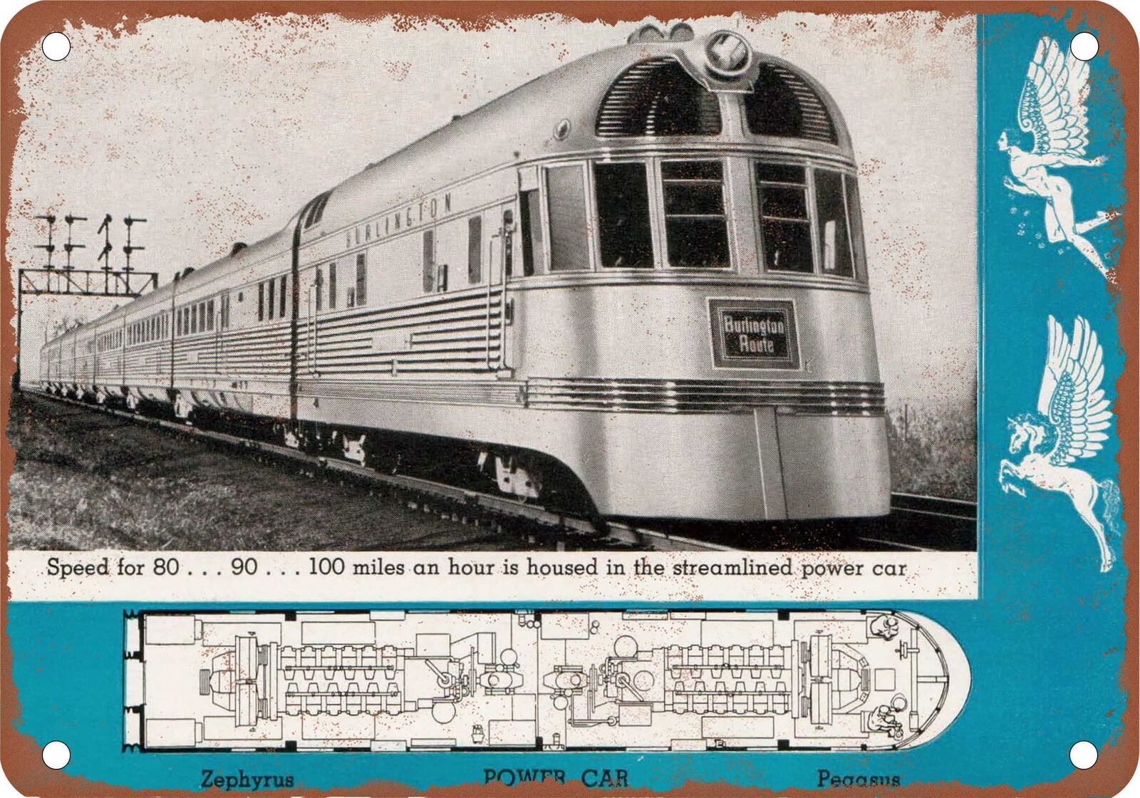 METAL SIGN - 1940 Burlington Zephyr Streamline Locomotive - Vintage Rusty Look