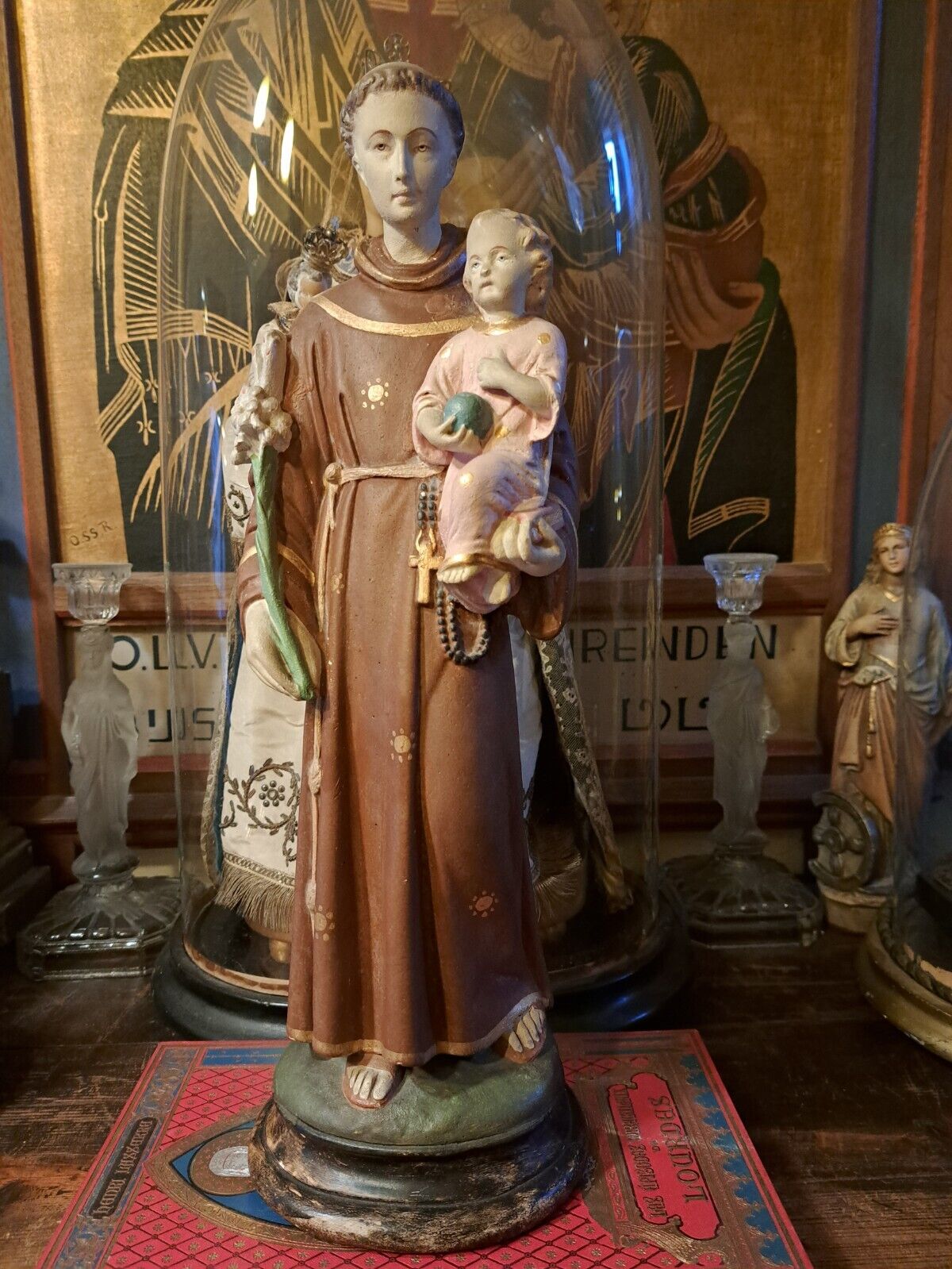 Big Antique Plaster St Anthony Antonius Padua Child Jesus Chapel Statue Figure