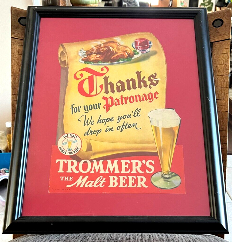 RARE TROMMER\'S BEER FRAMED UNDER GLASS THANK FOR YOUR PATRONAGE SIGN BROOKLYN NY