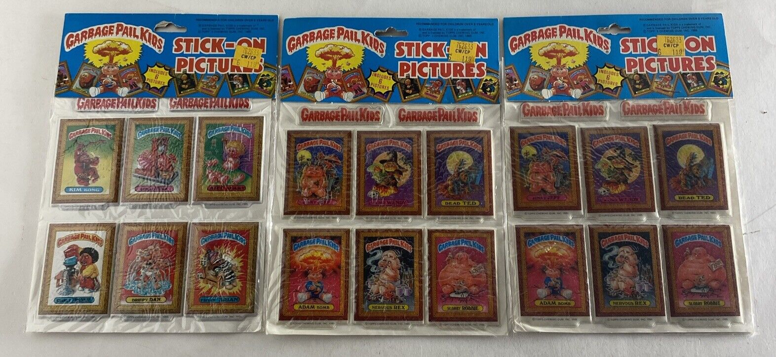 (3) New Vintage 1986 Garbage Pail Kids Stick-On Pictures Puffy Stickers RARE