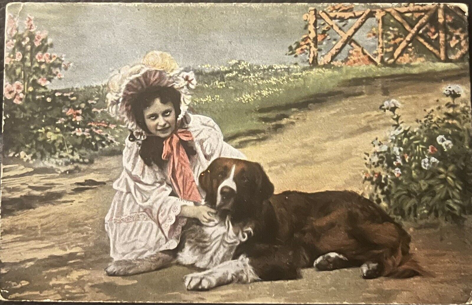 1908, Vintage Post Card Victorian Girl with Dog