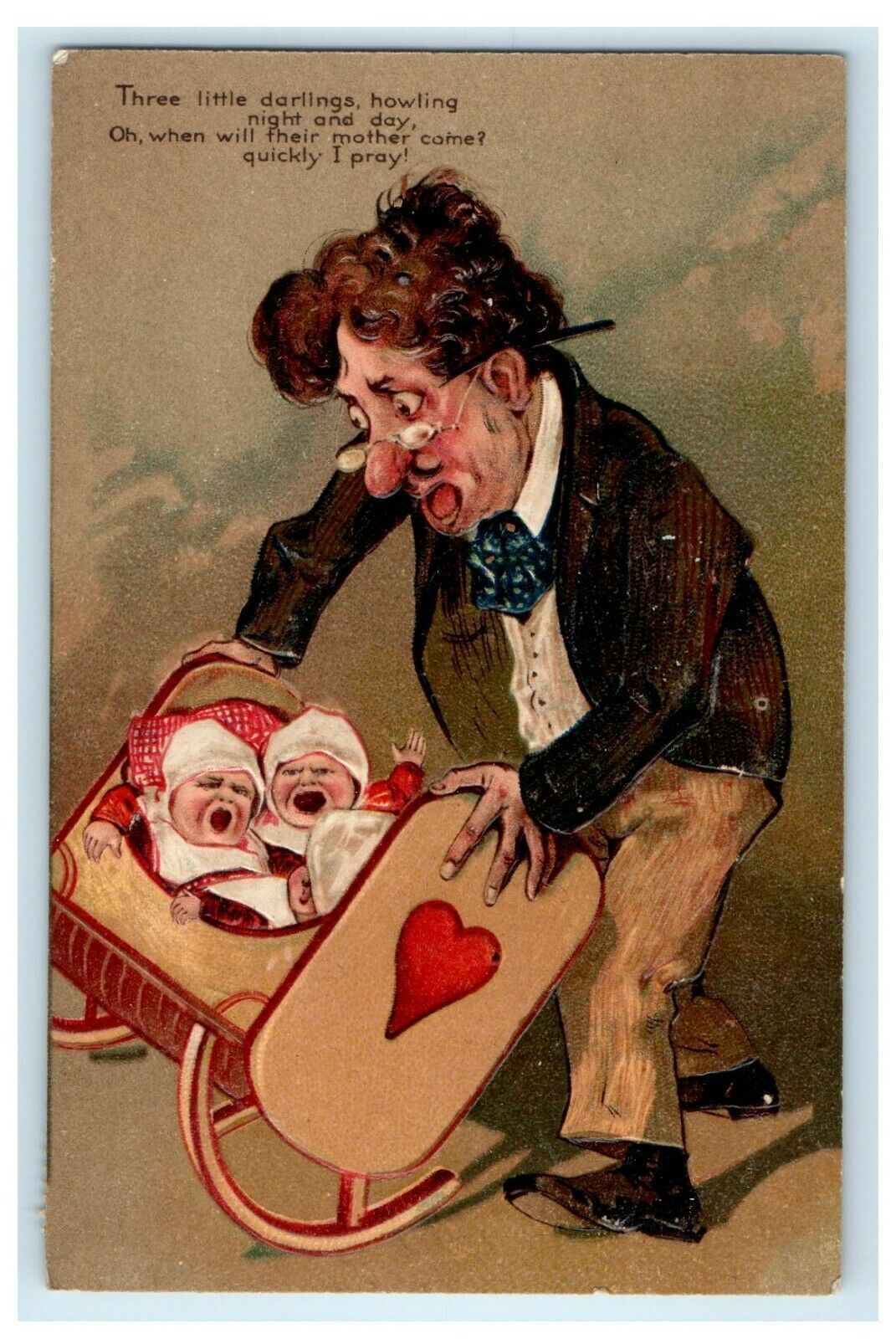 1908 Valentine Father Screaming Crying Babies Cradle Germany Funny Postcard