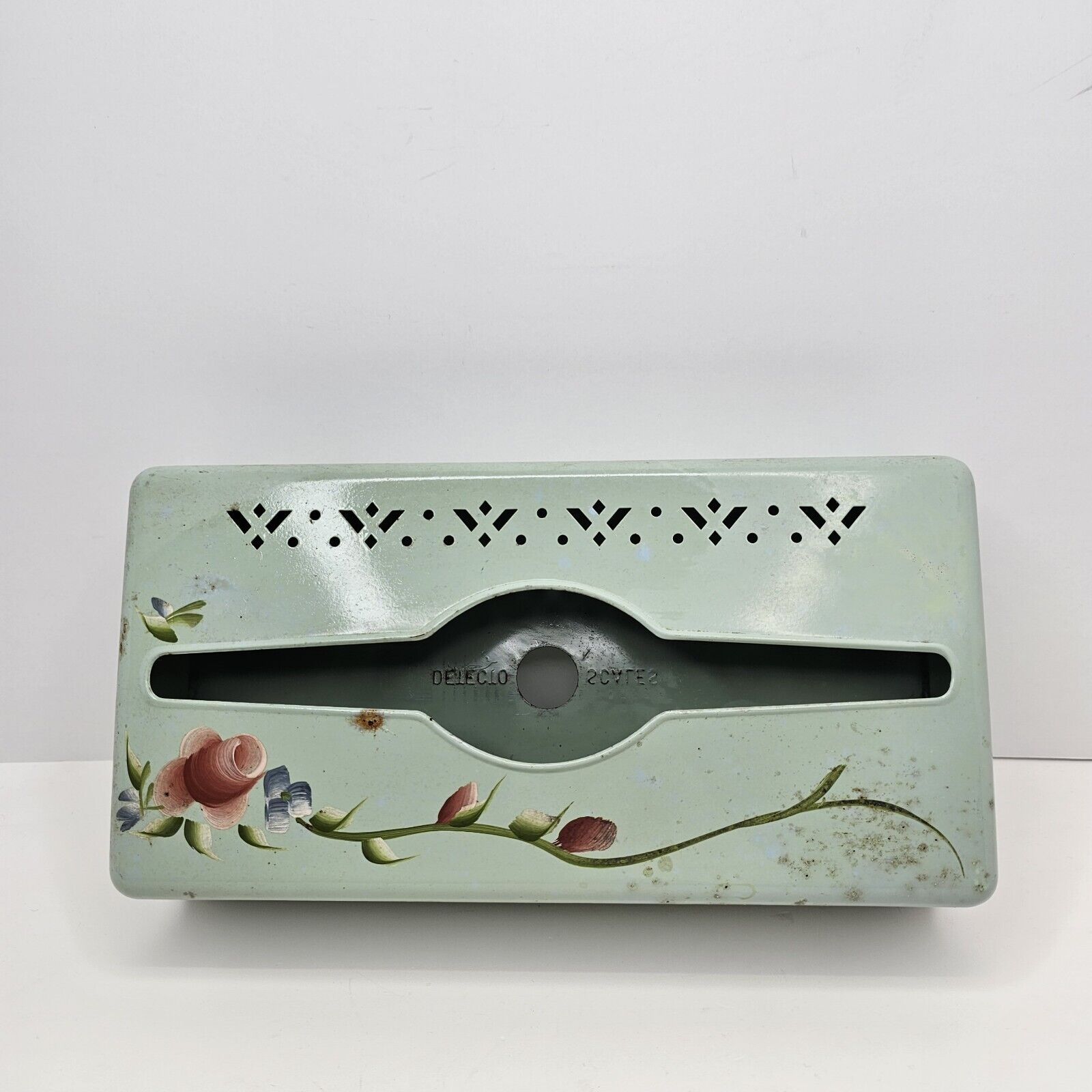 Vintage Tole Painted Detecto Scales Metal Tissue Box Holder Floral Cyan