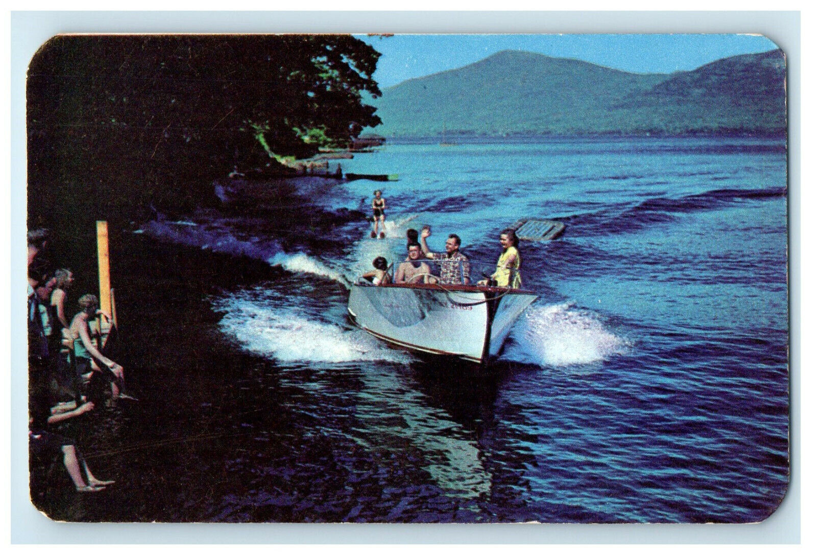 c1950s Water Skiing on Sparling Waters of Lake George New York NY Postcard