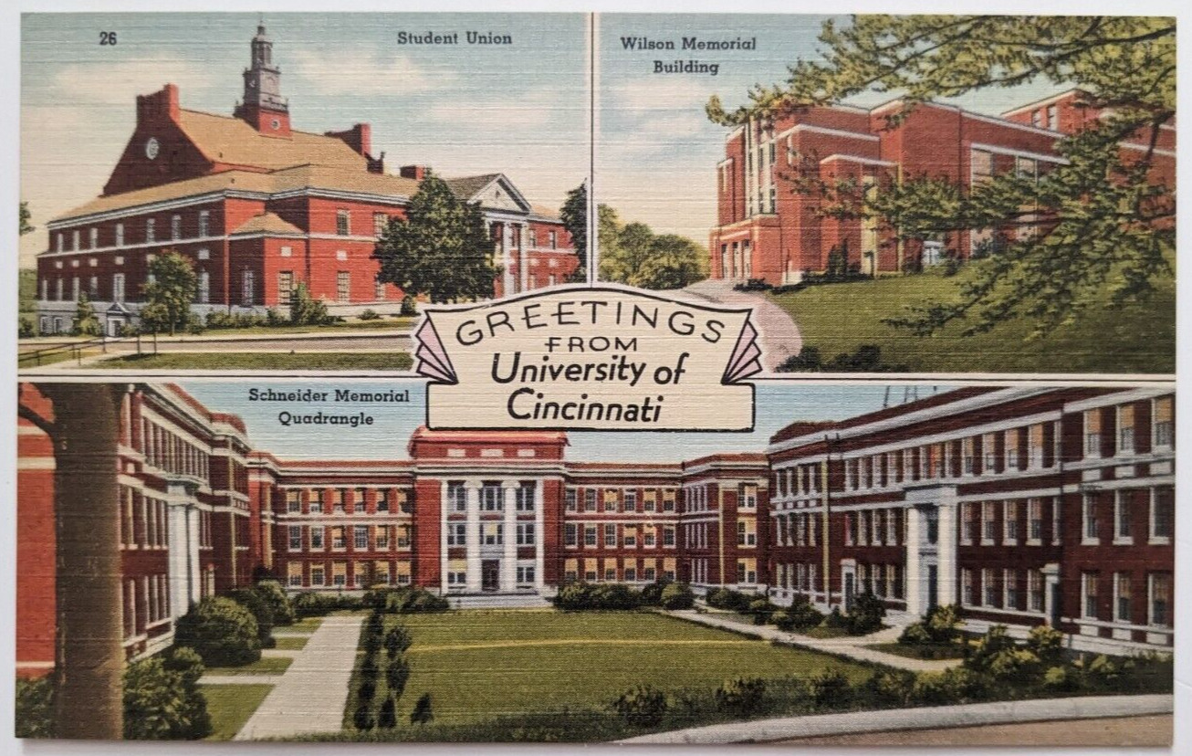 Greetings from University of Cincinnati 3 Views of Campus Ohio Linen Postcard D4