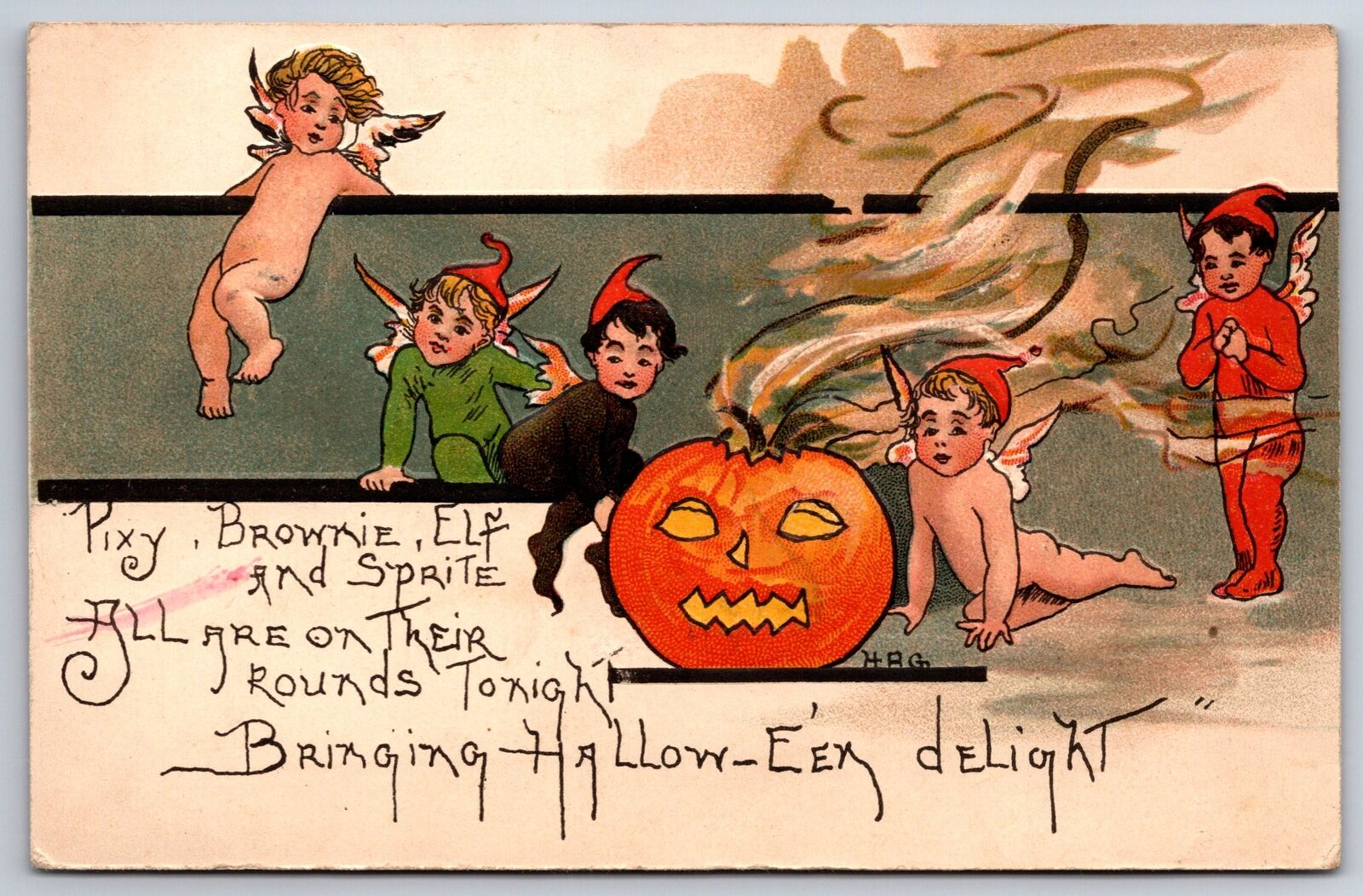 HBG Griggs Halloween~Pixy-Brownie-Elf & Sprite~On Their Rounds Tonight~Emb~1909