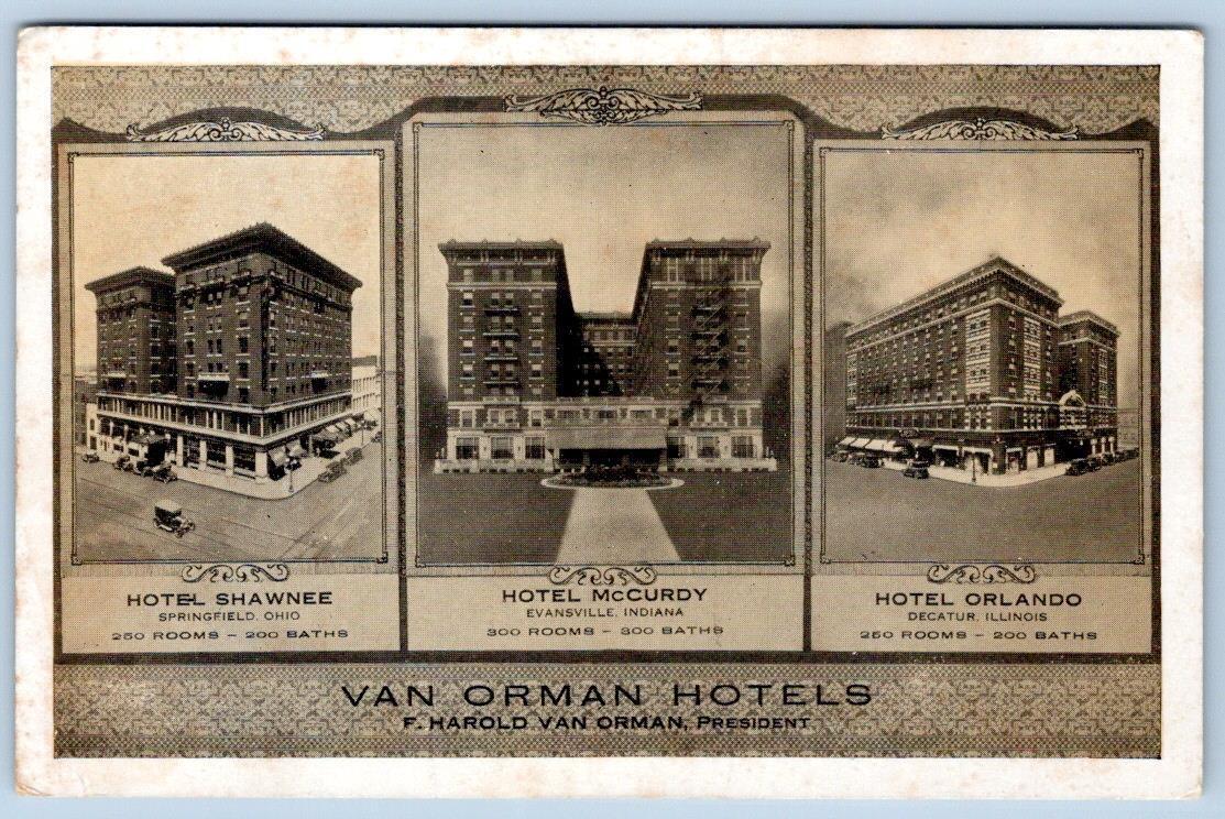1920\'s VAN ORMAN HOTELS SHAWNEE OHIO McCURDY INDIANA ORLANDO ILLINOIS POSTCARD