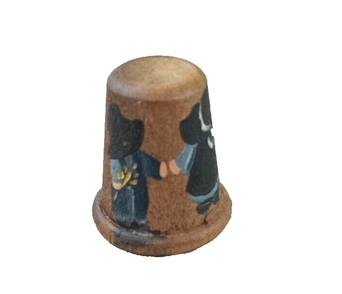 Vintage Hand Painted Wooden Amish  Dutch Children Oak Wood Wooden Sewing Thimble