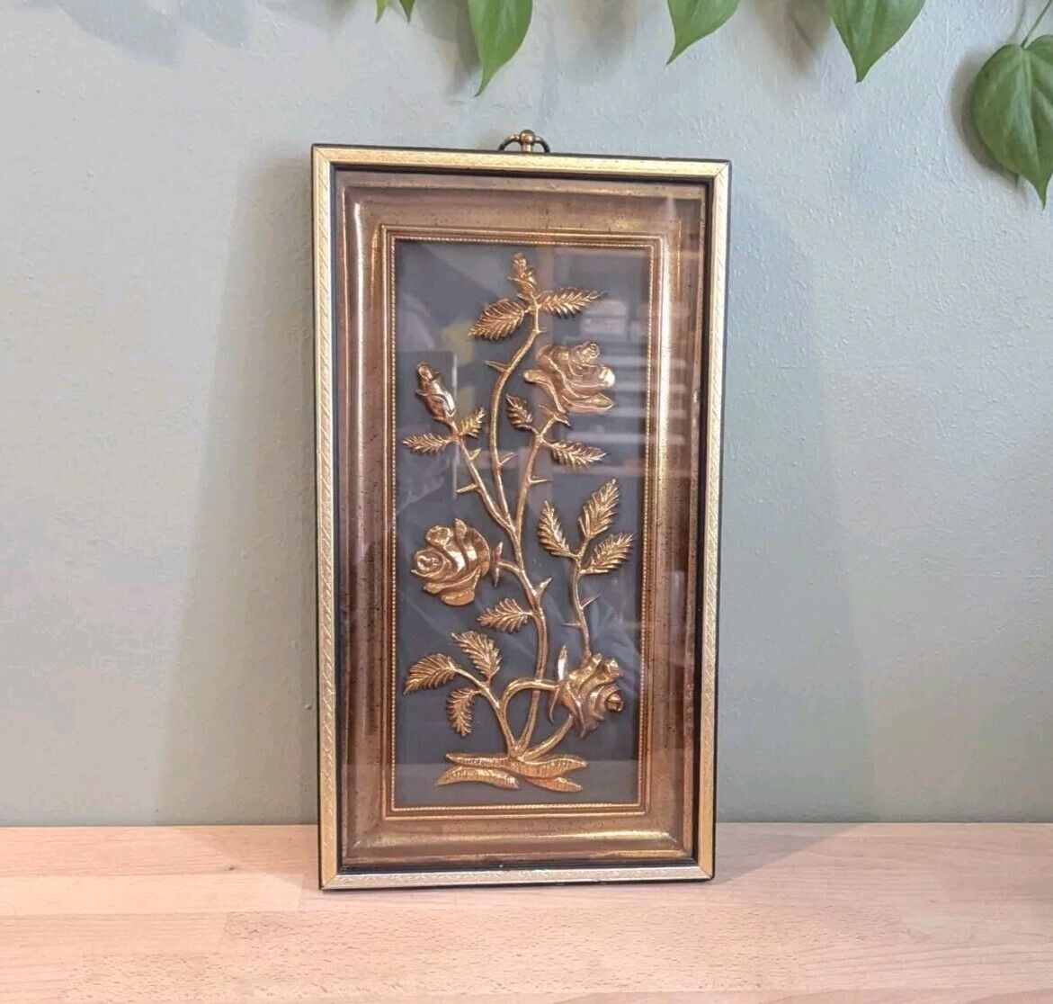 Vintage 1960s Hollywood Regency Gold Shadow Box Picture Rose Flower MCM Mid