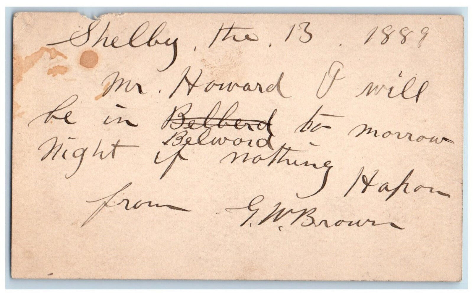 1889 WS Howard GW Brown Omaha Shelby Nebraska NE Posted Antique Postal Card