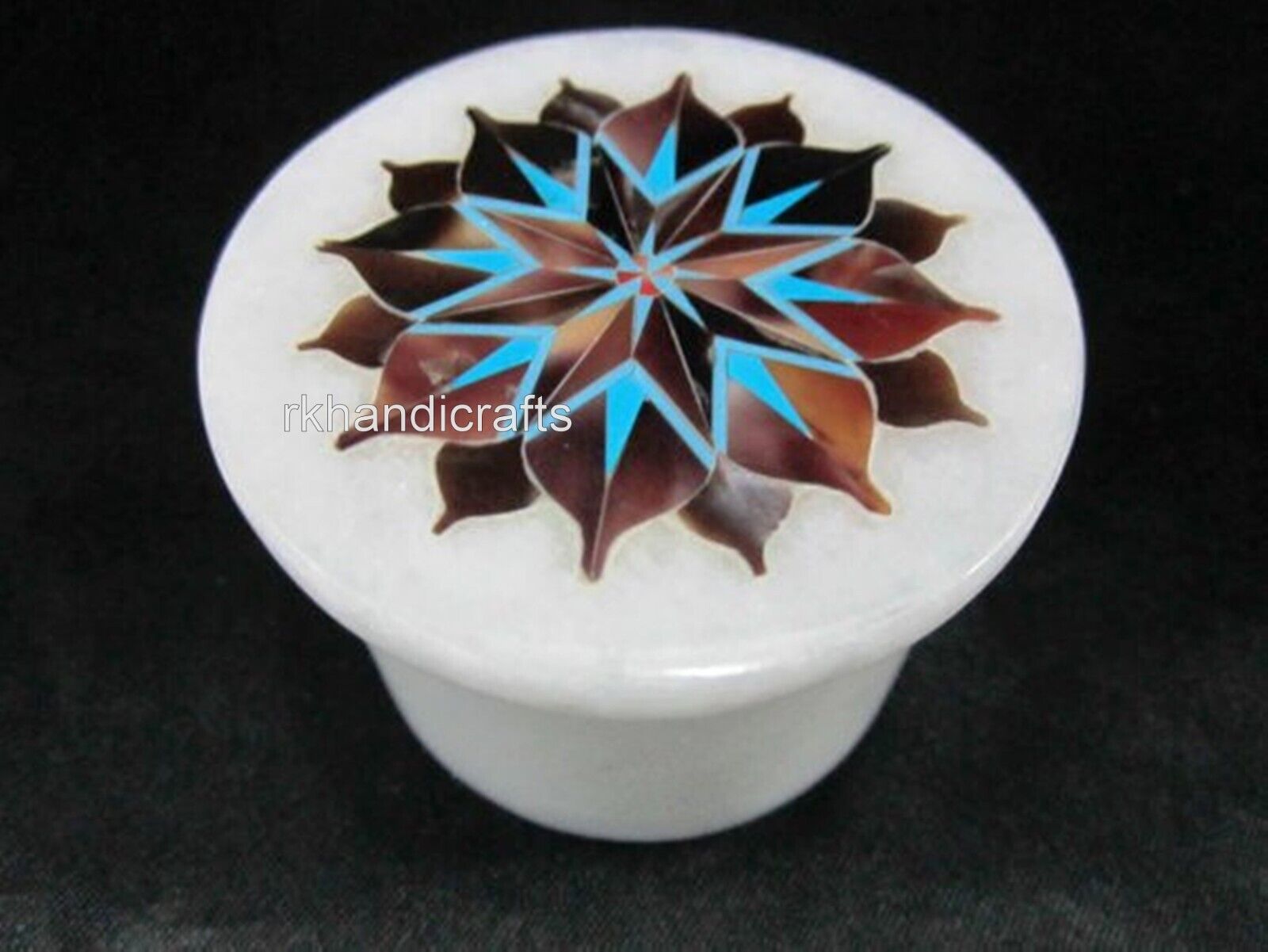 2.5 Inches Round Marble Jewelry Box Inlaid with Antique Pattern Multiuse Box