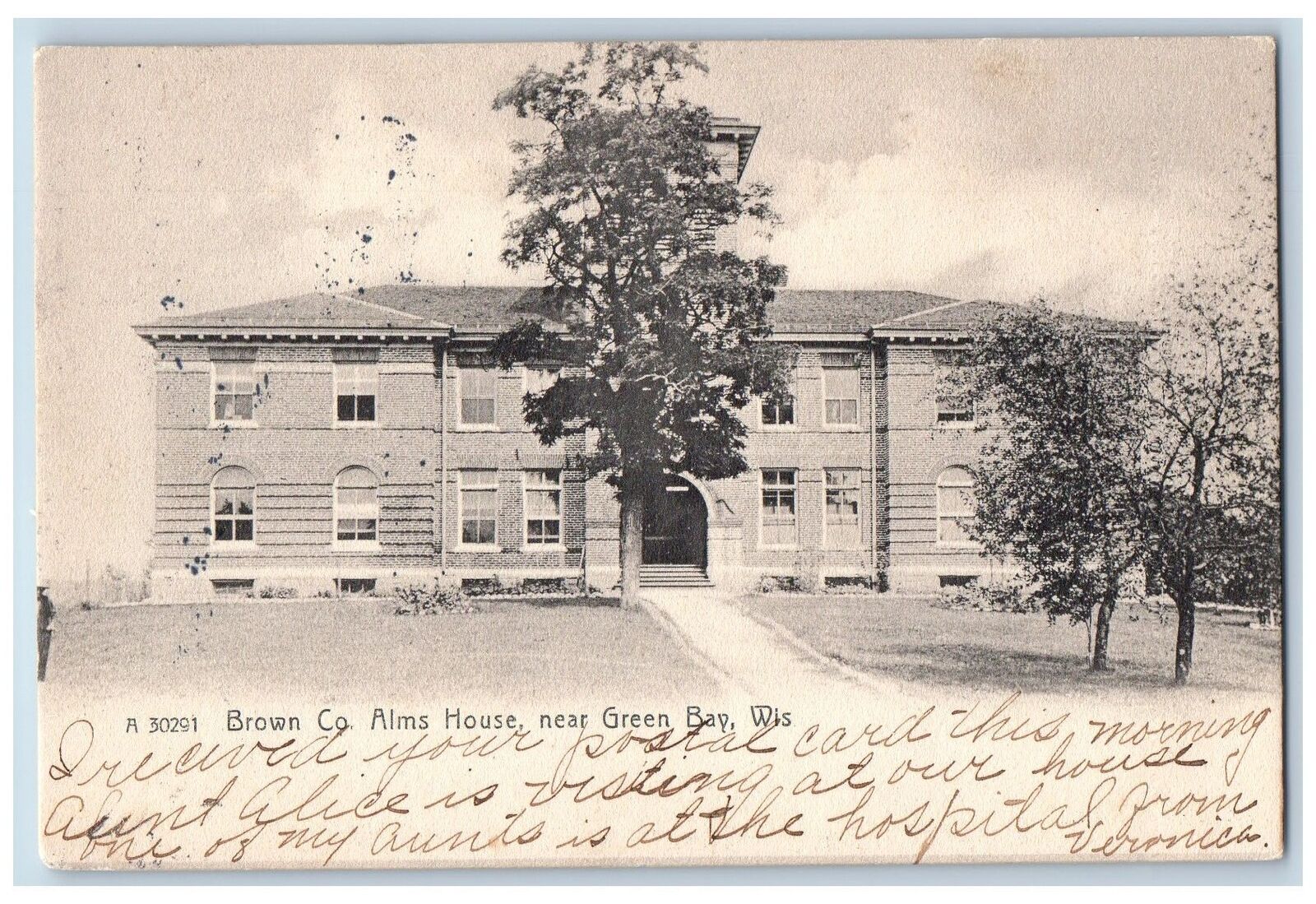 Green Bay Wisconsin WI Postcard Brown Co. Alms House Exterior Trees 1907 Antique